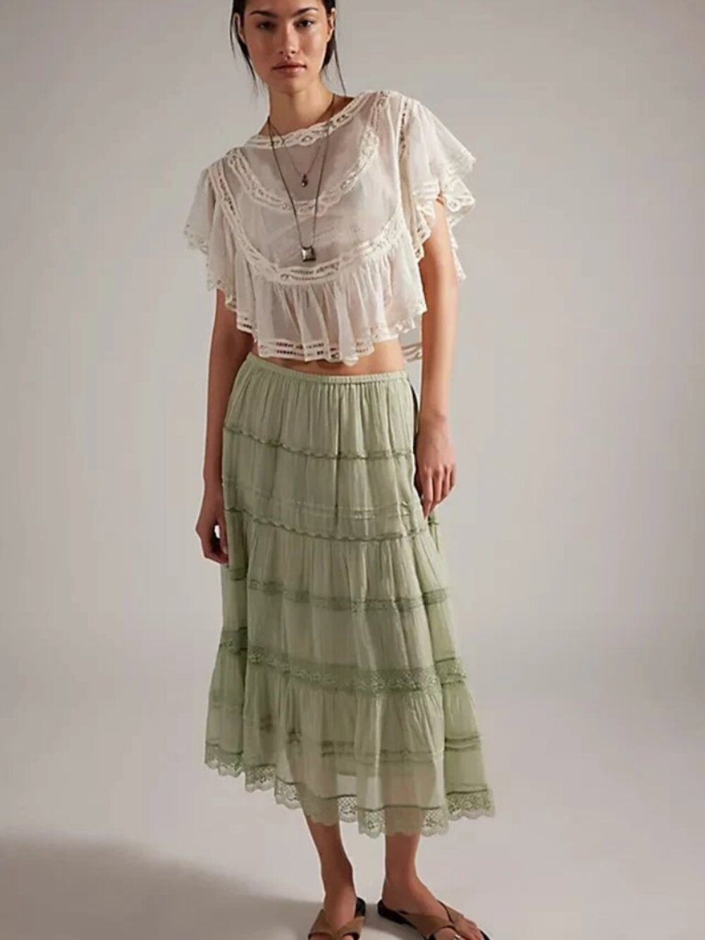 Free People FP One Lily Lace Midi Skirt Green Pull-on Elastic Waistband M